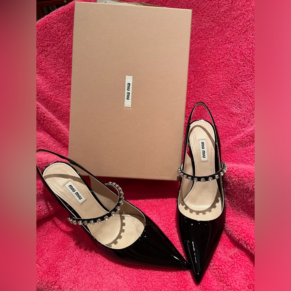 Authentic Miu Miu Stiletto Patent Leather Crystal Embellishments Slingback pumps